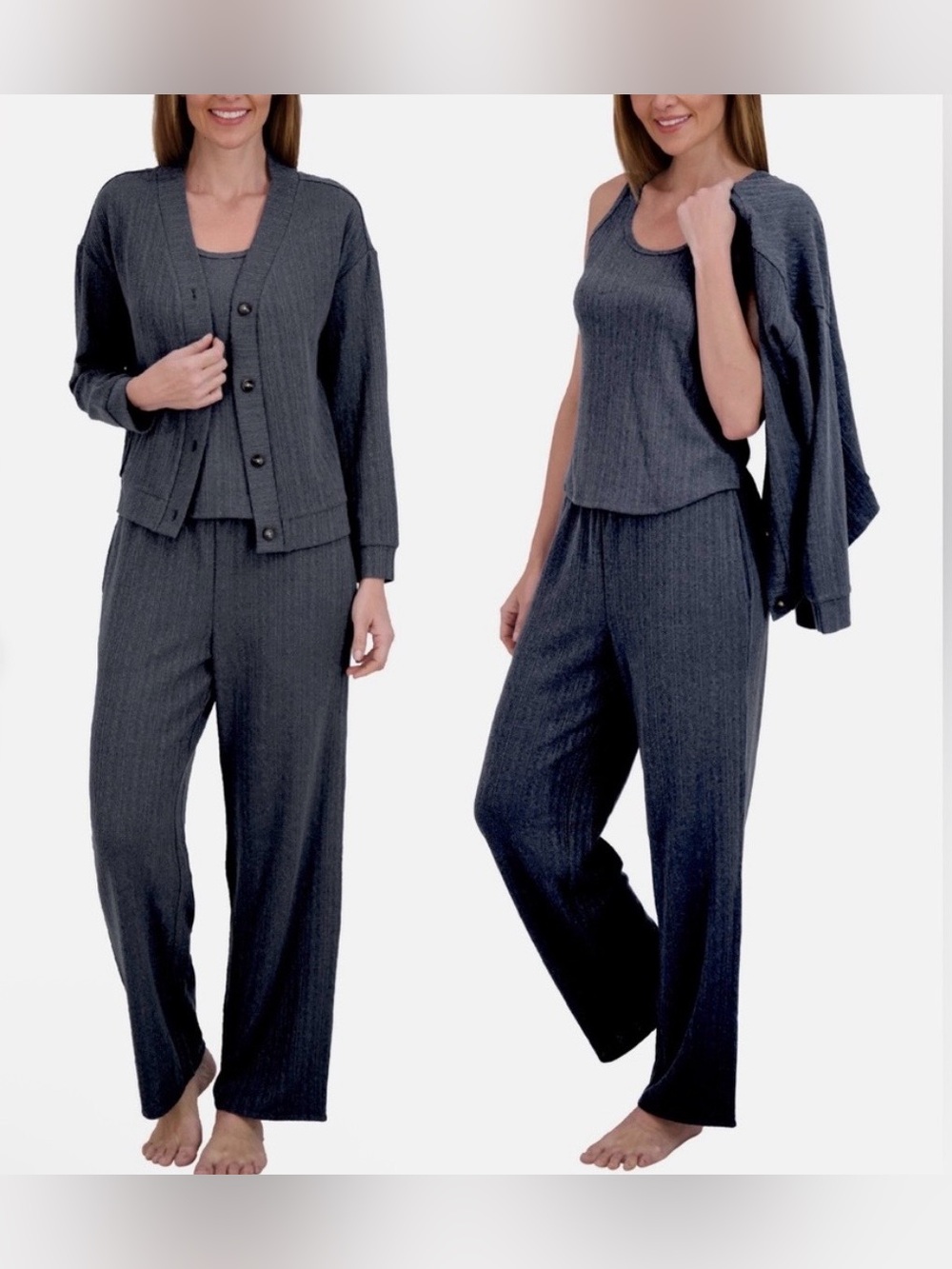 3-Piece Ribbed Knit Lounge Set in Charcoal size L